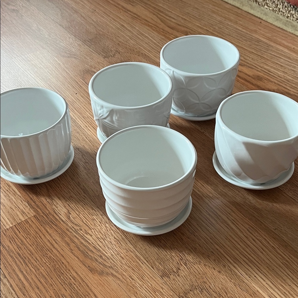 White Ceramic Planter Pots with Saucers - Set of 5
